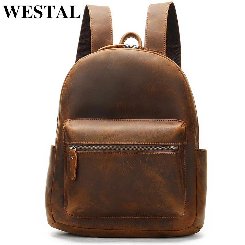 

WESTAL crazy horse leather backpack for men laptop backpack bussiness schoolbag Multi-function daypack simple shoulder bag 2315