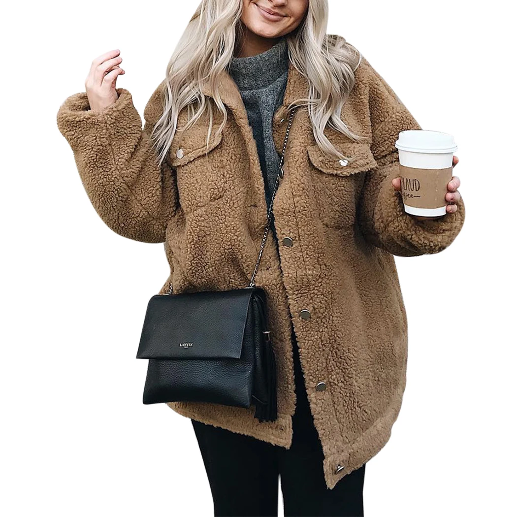 Women Faux Fur Teddy Coat Spring Winter Fluffy Warm Jackets Outwear Fashion Button Pocket Hairy Coats Female Overcoat Streetwear
