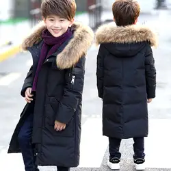 От 6 до 14 лет Детский пуховик с большим меховым воротником, длинное Толстое Зимнее пальто для мальчиков-подростков, детские зимние куртки на