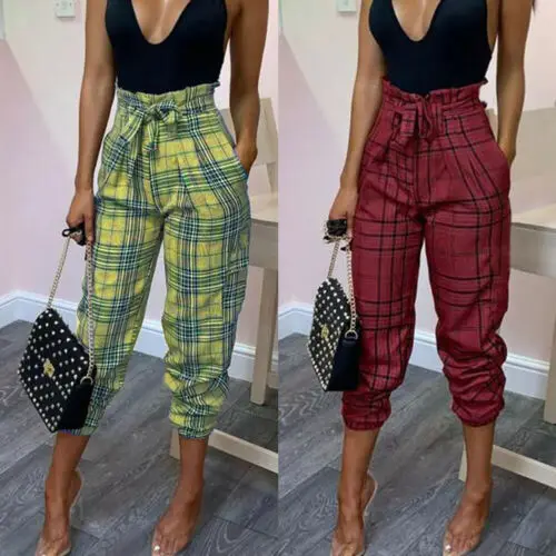 

Fashion Women Plaid Printed Bow Bandage Pants Ladies Long Trousers Summer Casual Pants Streetwear Woman Clothes