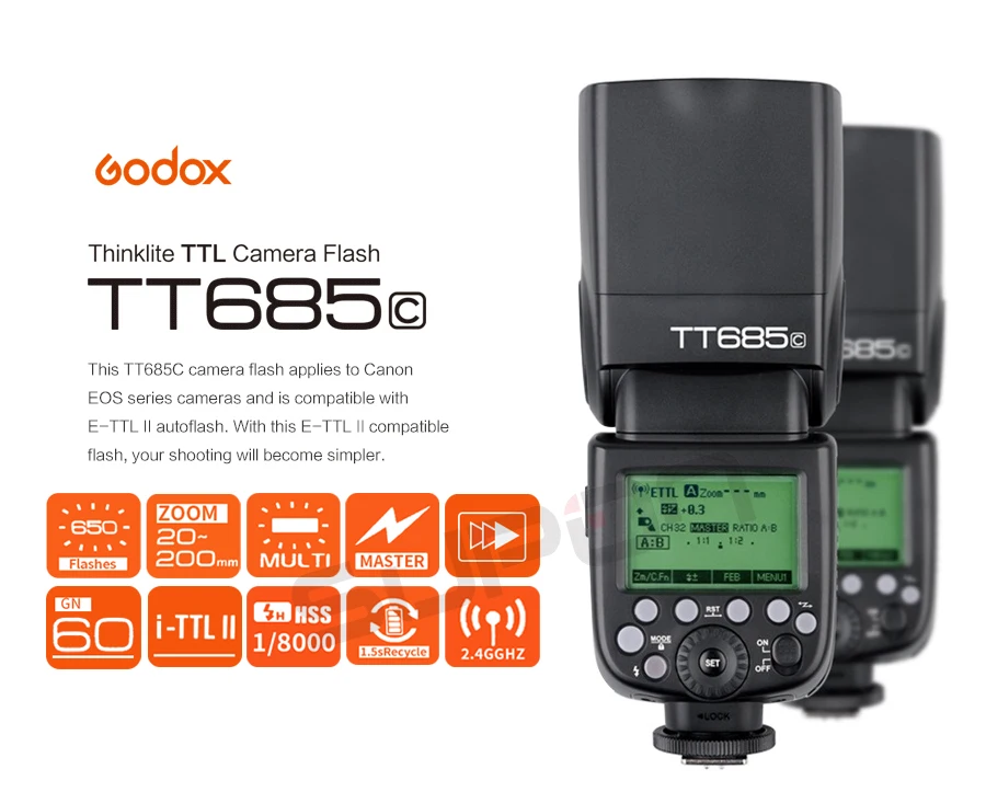 2 шт Godox TT685 TT685C 2,4G Беспроводная ttl Высокоскоростная синхронизация 1/8000s GN60 Вспышка Скорость lite+ X1T-C передатчик для Canon DSLR камеры