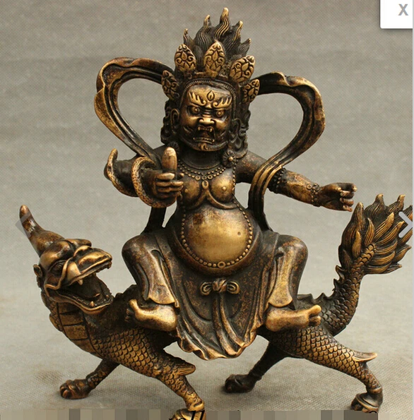 ZSR 1028+++++8" Tibet Bronze Buddhism Mahakala Buddha Statue Jambhala Ride Dragon Unicorn