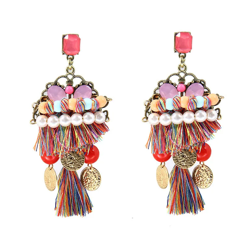 

Colorful Tassel Drop Earrings Beaded Imitation Pearl Cluster Ancient Coins Pompom Dangle