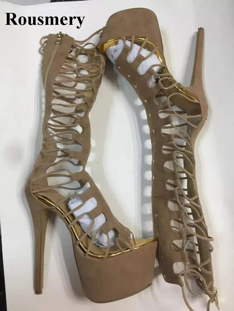 Talón Alto Plataforma Nueva Gladiador Ante Botas Encaje Sexy Llegada Mujeres Sandalia Cuero Corte Rodilla Largo De O6O4q