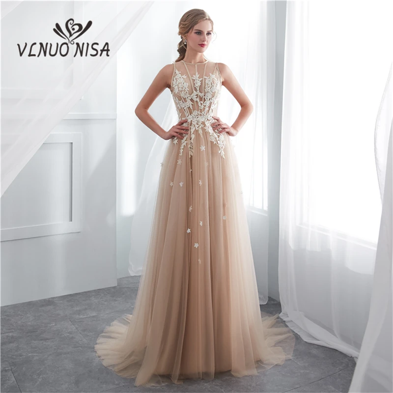 VLNUO NISA New Arrival Quality Champagne Tulle Evening Dresses Elegant Appliques O-Neck Floor-length Formal Prom Party Gown