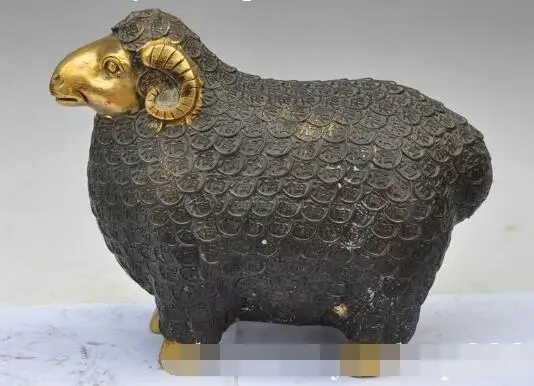 

S00593 10"Chinese Bronze gilt Fengshui Zodiac Sheep Goat Wealth Money Coin Rich Statue B0403