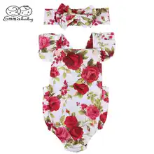 Emmababy Одежда для новорожденных девочек, милый комбинезон с цветочным принтом без рукавов, с квадратным вырезом боди с бантом+ повязка на голову, комплект одежды из 2 предметов, наряды
