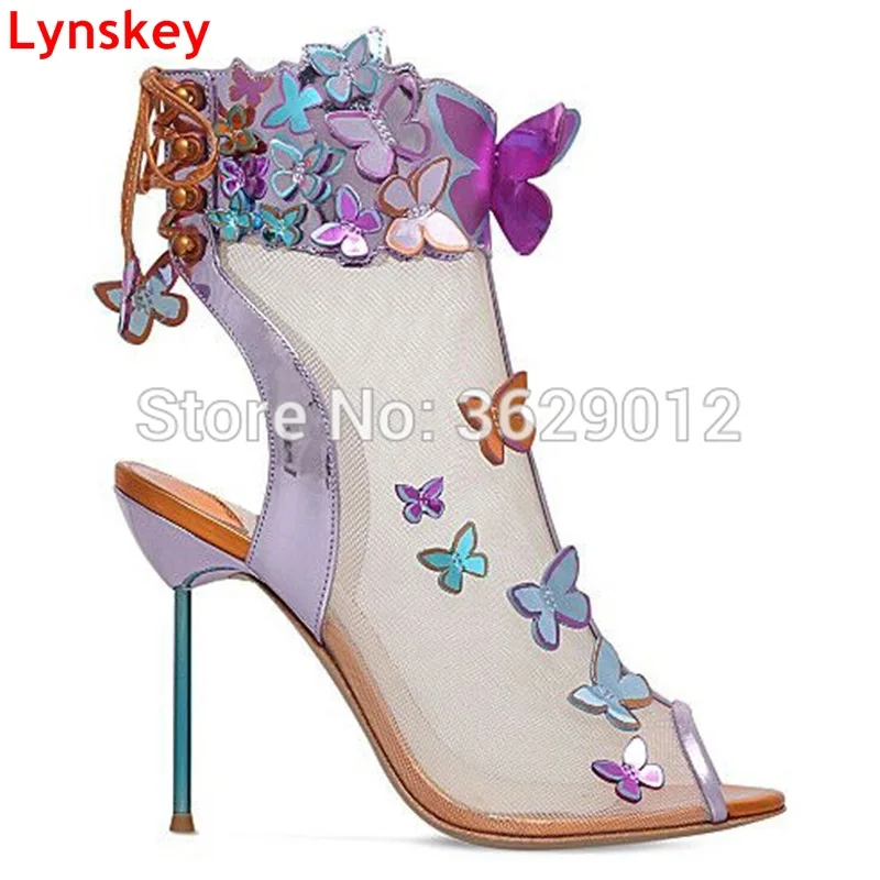 

Lynskey Summer Ankle Boots Mesh Botas Embellished with Butterflies Open Toe Lace Up High Heel Booties Zapatillas Mujer