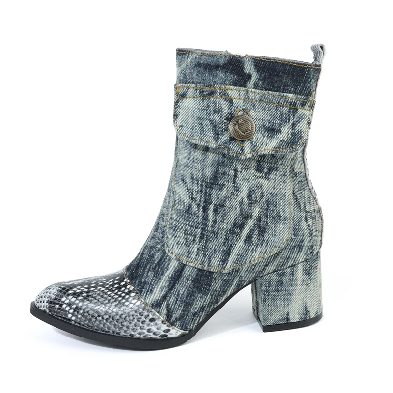 

2019Spring Python Leather Ankle Boots Women Street Washable Denim Cloth Ankle Boots Chunky Heel mid heel
