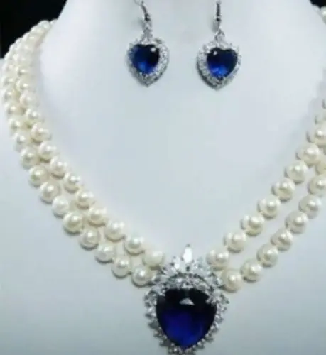 

Free Shipping >>>>> 7-8mm White Pearl Blue Crystal Pendant Necklace+Earring ART