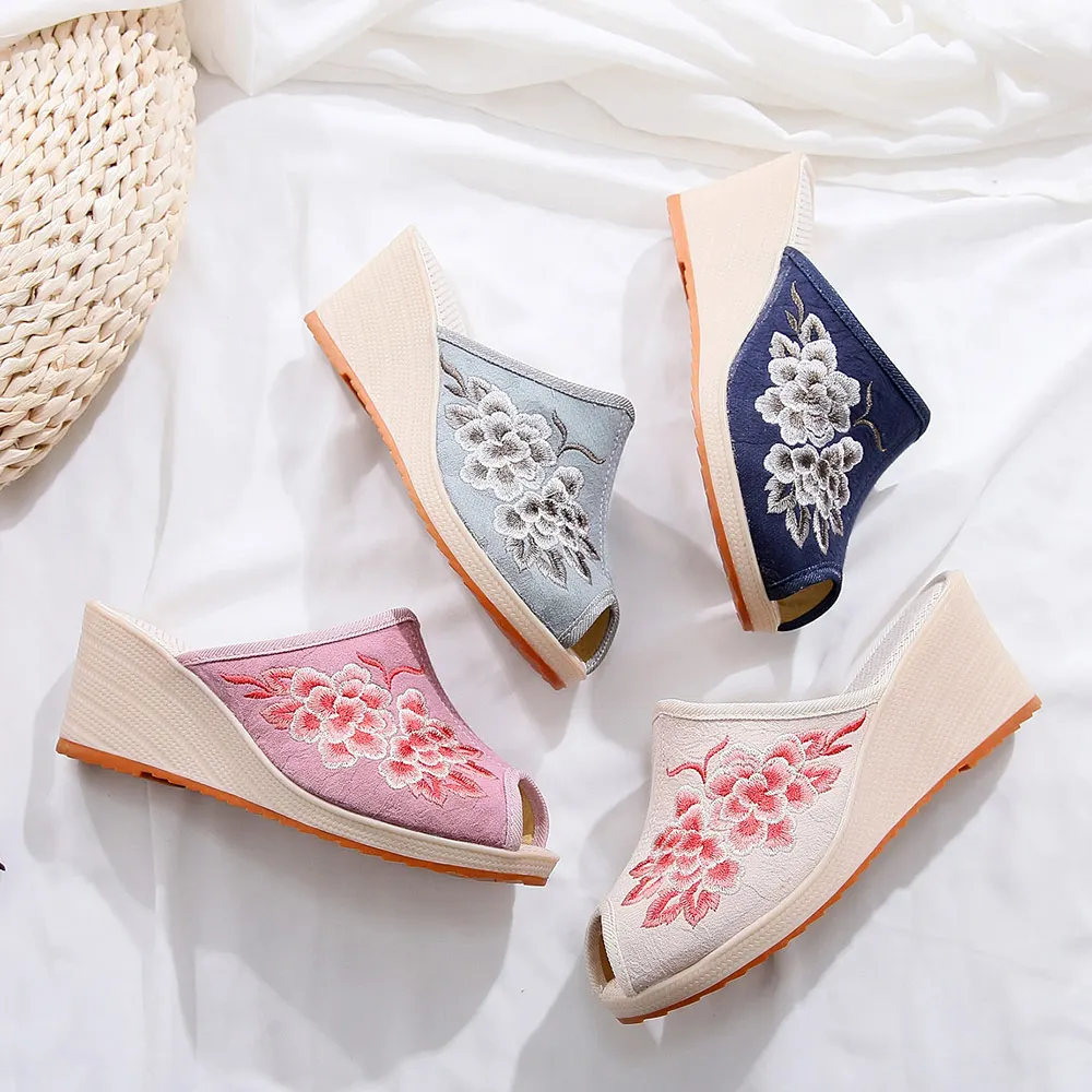 Veowalk Women Jacquard Cotton Peep Toe Slides Slippers Handmade Summer Ladies Casual Comfort Embroidered Shoes 6.5cm Platforms