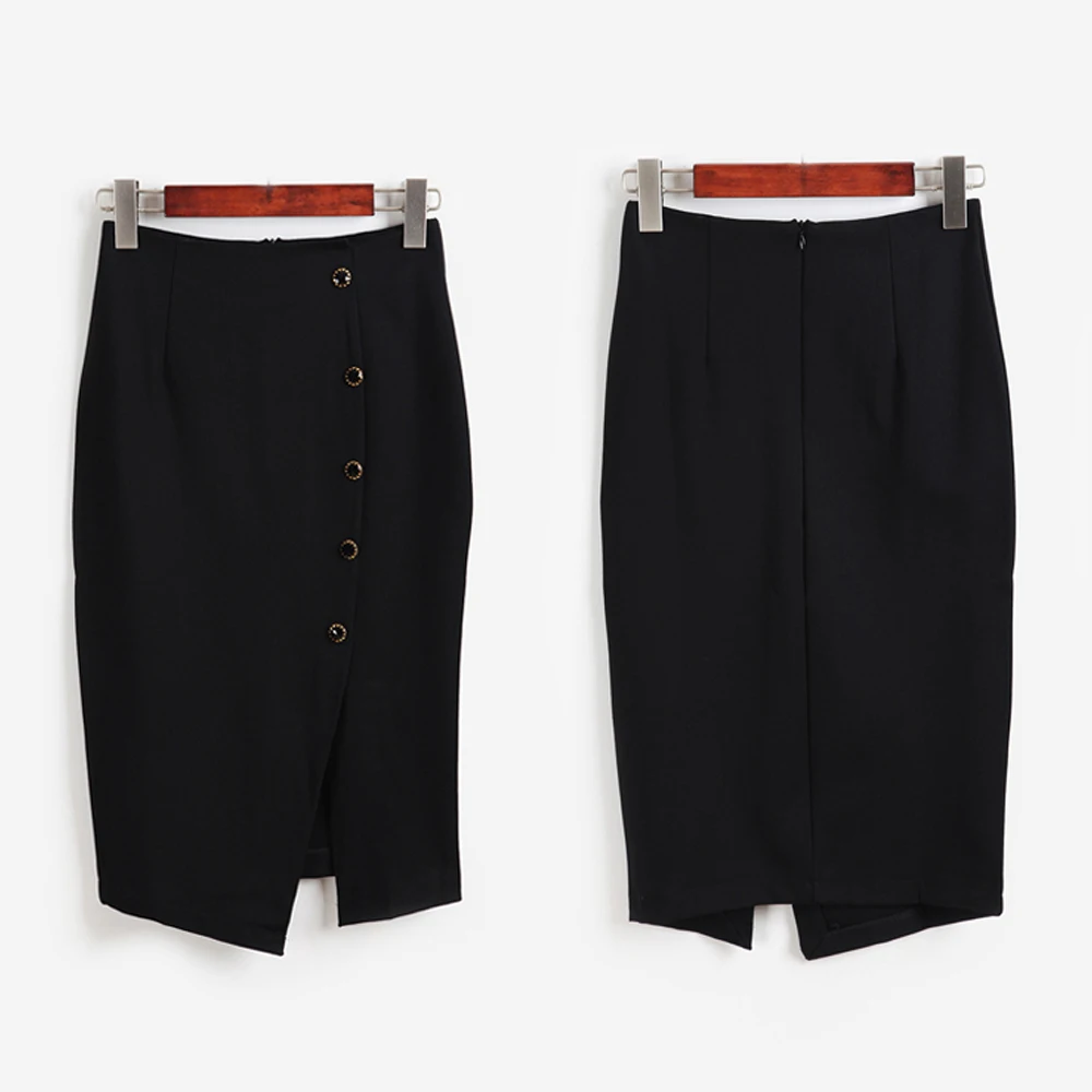 Элегантные женские винтажные офисные юбки OL с высокой талией и пуговицами, женские юбки-карандаш больших размеров, S-5XL, тянущиеся юбки средней длины