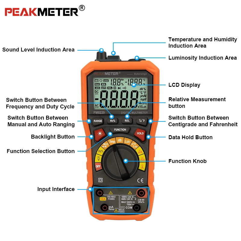 PEAKMETER PM8229 автоматический ручной Диапазон Цифровой мультиметр с TRMS 1000V