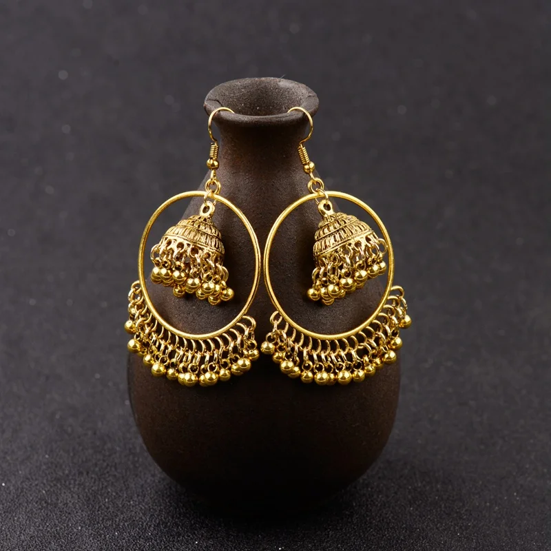 Indian Jhumka Jewelry Gold Sliver Small Bells Drop Tassel Earrings Women Girls Boho Ethnic Big Round Circle Dangling Earring