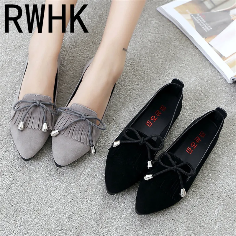

RWHK 2019 spring and autumn new fringed bow lazy flat shoes versatile flat work shoes shallow mouth pointed shoes 282