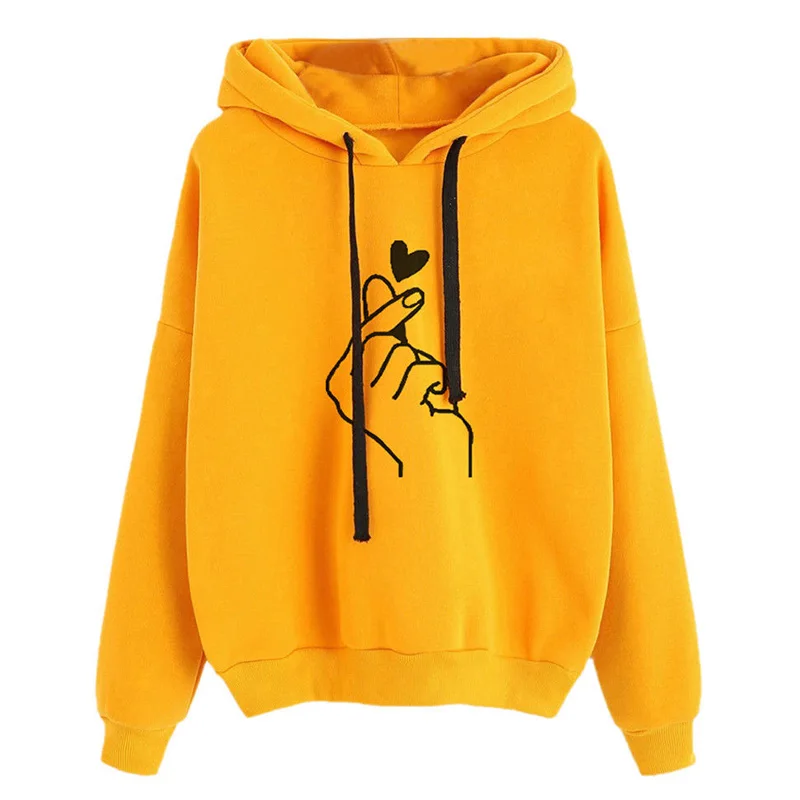 Autumn Harajuku Women's Sweatshirt Hoody Ladies Oversize Pop Yellow Love Heart Finger Hood Casual B Hoodies for Women Girls