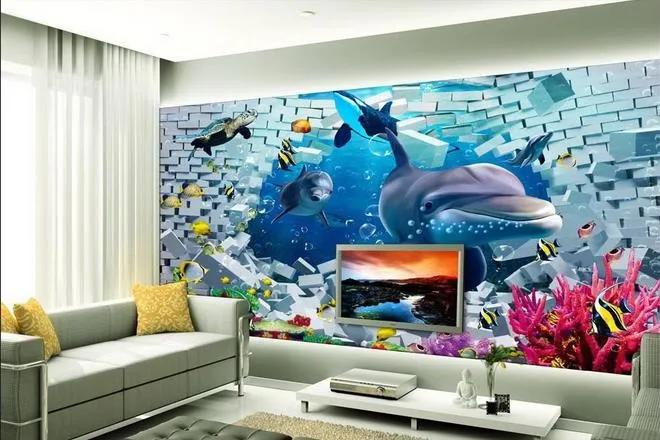 Beibehang обои 3D стереоскопического на пляж слово Дельфин ТВ фоне обоев гостиная, спальня фрески Papel де Parede