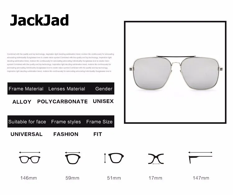 JackJad, модные мужские Квадратные Солнцезащитные очки в авиационном стиле, фирменный дизайн, качественная металлическая оправа, солнцезащитные очки Oculos De Sol lunetes