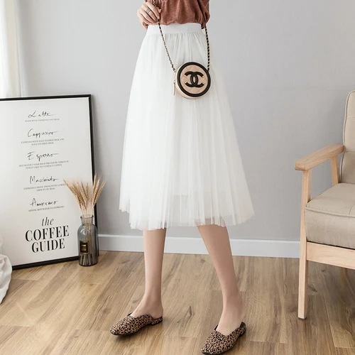 Женская Корейская плиссированная летняя юбка, новая Повседневная Эластичная фатиновая юбка с высокой талией, летняя однотонная трапециевидная юбка-пачка - Цвет: Белый