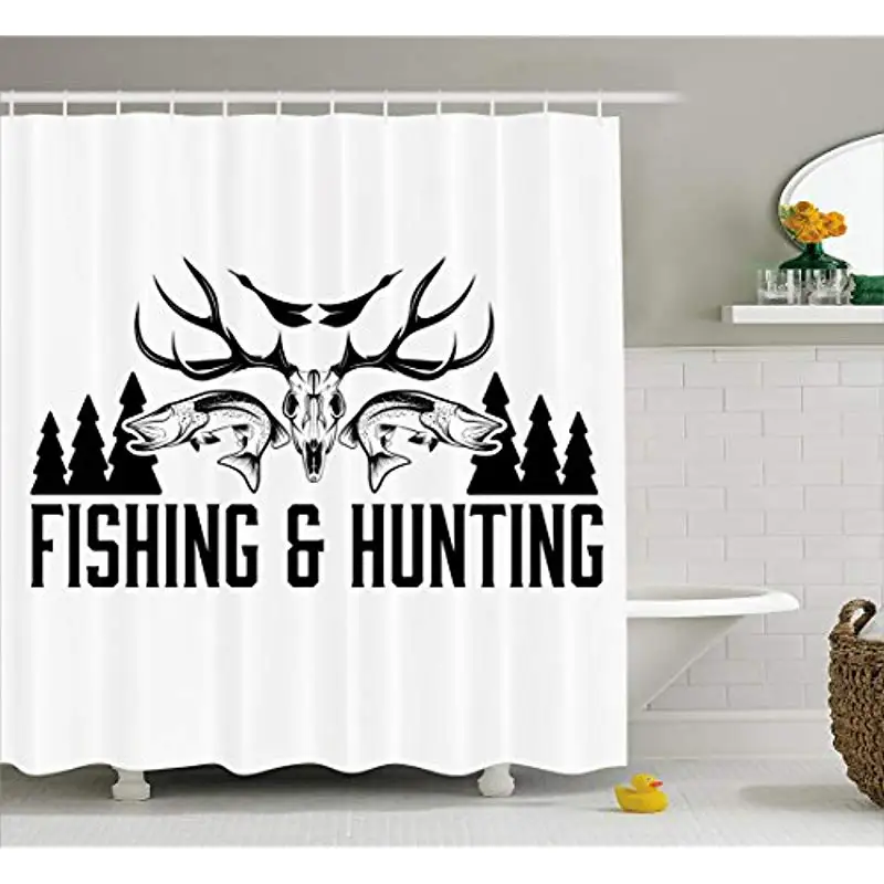 

Vixm Hunting and Fishing Vintage Emblem Design Antler Horns Mallard Pine Tree Fabric Shower Curtains