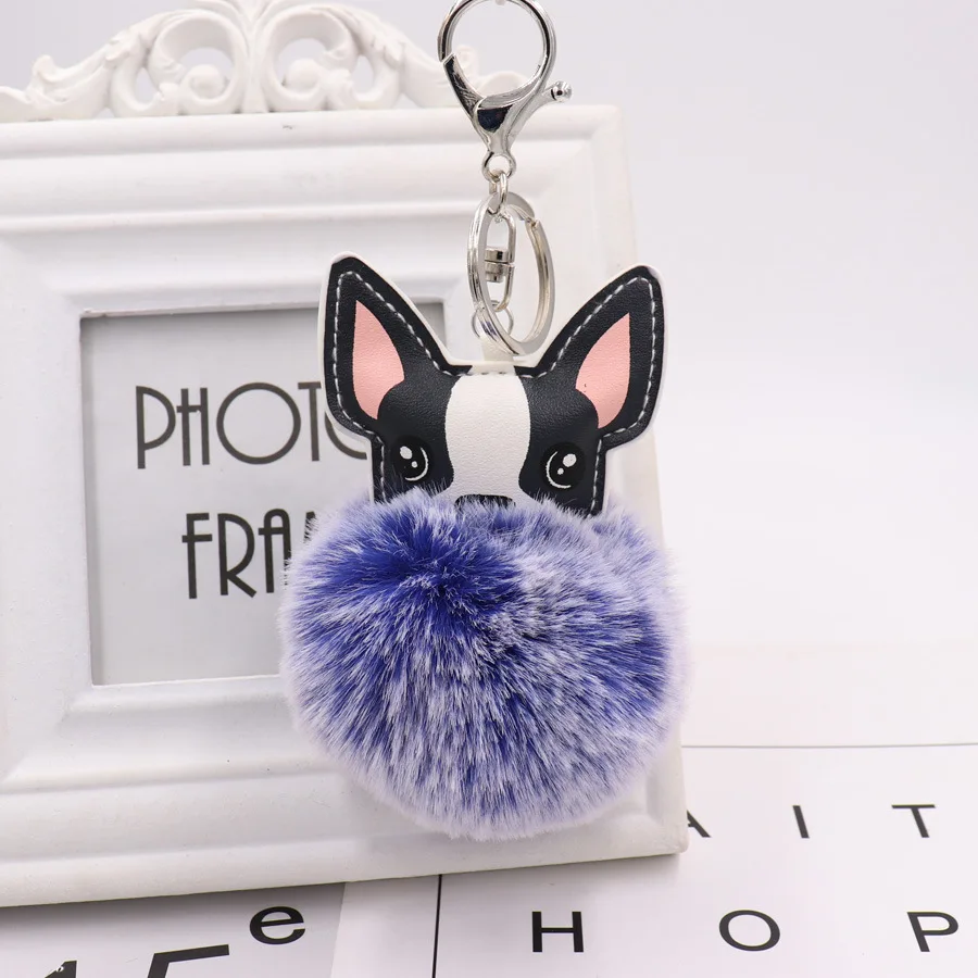 Fluffy Rabbit Fur Ball French Bulldog Keychain Pompom Key Chain Pu Leather Animal Dog Keyring Holder Bag Charm Trinket Chaveiros