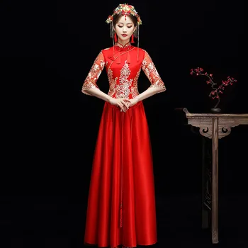 

Bride Cheongsam Vintage Chinese Style Wedding Dress Retro Toast Clothing Lady Embroidery Phoenix Gown Marriage Qipao red Clothes