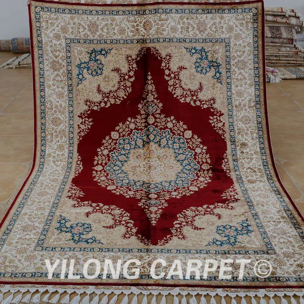 

Yilong 5.6'x8.2' handmade persian carpet red hand knotted silk rug turkish design (1836)