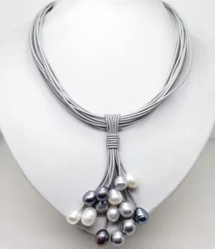 

NEW 10-11mm Real White Black Gray Freshwater Pearl Pendant Necklace Leather Cord Magnet Clasp Fashion Jewelry