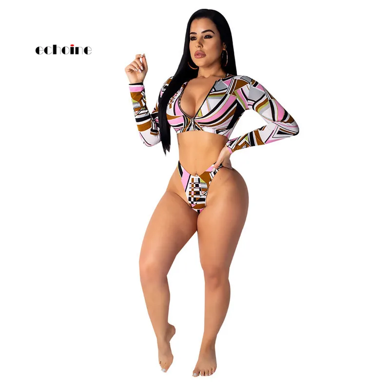 

Echoine Women Fashion Two Piece Set O-Neck Zipper Cardigan Crop Tops Sexy Briefs Irregular Printed Long Sleeve Sportswear Suits