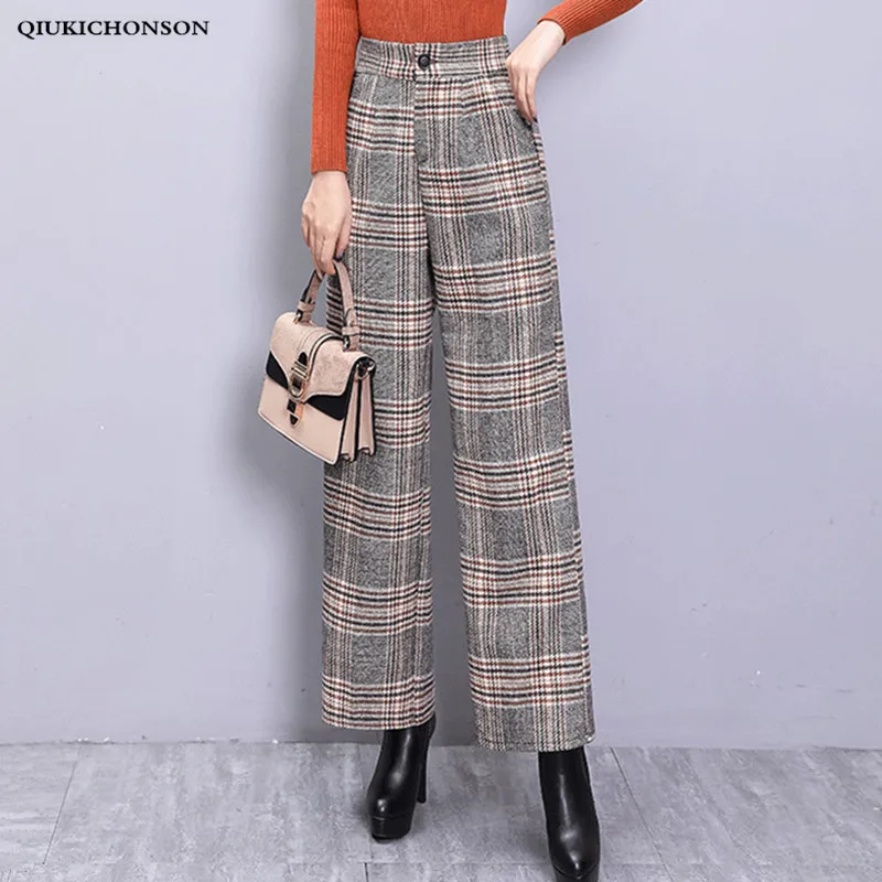 

Vintage Elegant High Waist Plaid Trousers Women Autumn Winter Thick Wool Wide Leg Pants Ladies Casual pantalon palazzo mujer