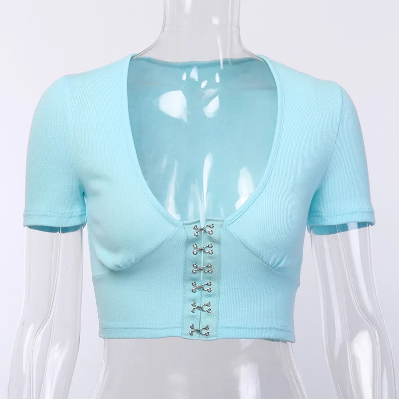 LVINMW, сексуальный топ с v-образным вырезом и пряжкой, короткий рукав,, осенняя Женская мода, повседневная белая, синяя футболка, женская уличная футболка, топы