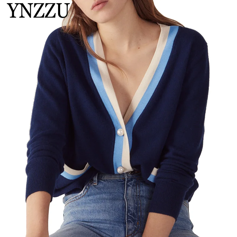 

YNZZU Hit Color Pearls Knitted Cardigan Women 2019 Spring V Neck Single Breasted Women's Sweater Cardigan Loose Coat Women YO795