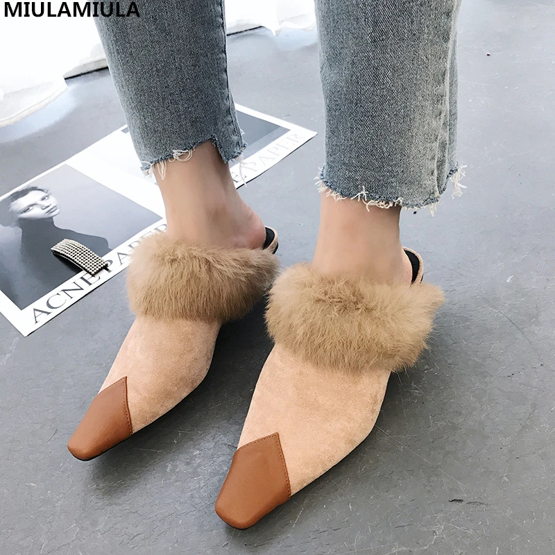 

MIULAMIULA Brand Designer 2019 Spring Mix Color Woman Shoes Soft Hair Transparent Strange Med Heels Pumps Slip On Loafers Mules