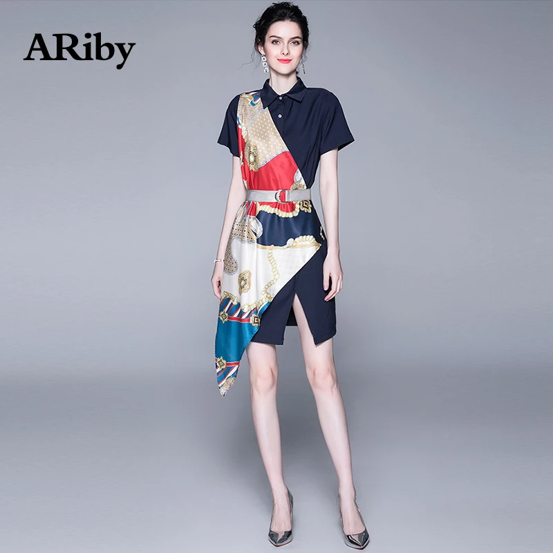

ARiby Women Printed Stitching Summer Mini Dress 2019 New Fashion Temperament Short Sleeve Retro Print Sashes Silk Scarf Dresses
