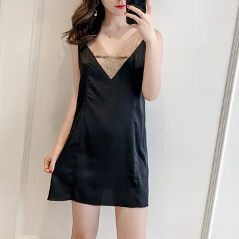 

Charming Mini Women Nightdress Summer Sleepwear Rayon Nightwear Home Dress Lace Trim Nightgown Deep V-Neck Nighty Size L XL