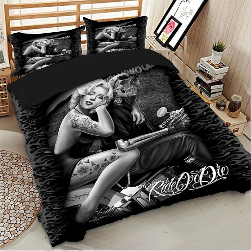 3d Marilyn Monroe skull Motorcycle Bedding set Duvet Cover Bed Set Twin queen king size home textile