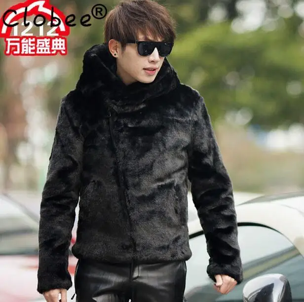 Black Hooded warm Faux Mink fur coat mens leather jacket