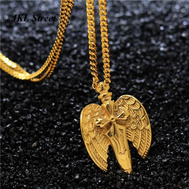 JKL Mens Gold Angel Wing Cross Sword Necklace 316L Stainless Steel Biker Pendant for Boys Hip