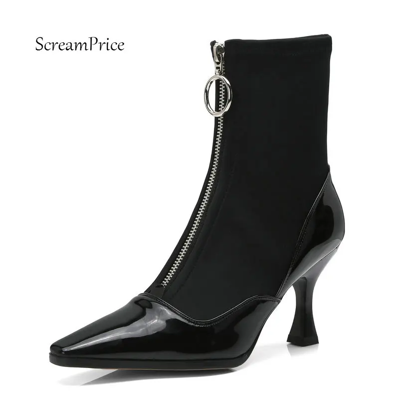 

Ladies Genuine Leather Thin High Heel Stretch Ankle Boots Fashion Square Toe Zipper Spring Autumn Bootie Black