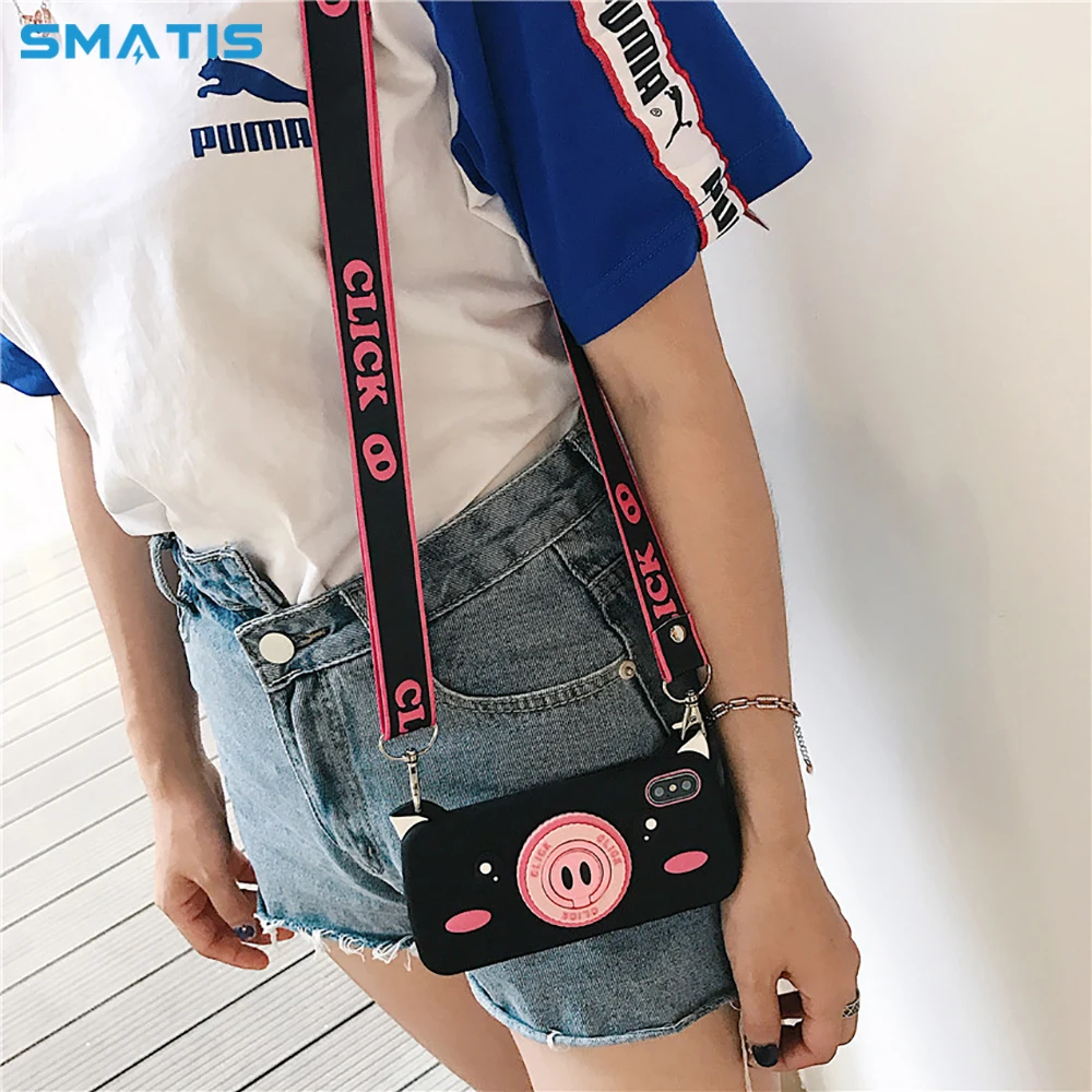 

Phone Case for iPhone Xr 7 8 6s X Xs Max with Strap Ring Holder Long Lanyard Soft Silicone Cute Pig New Fashion 3D Shoulder Bag