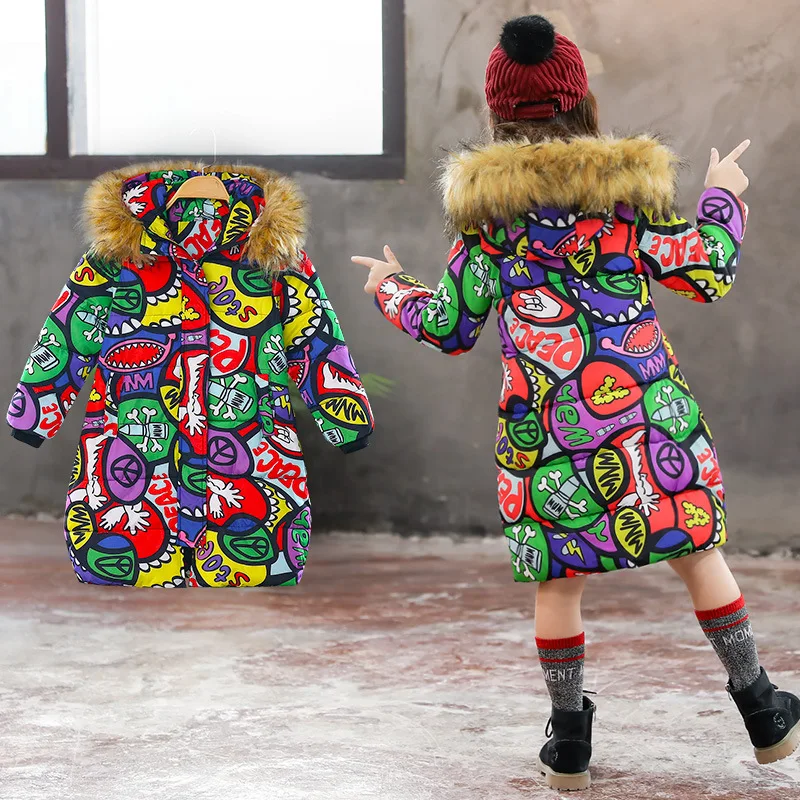 Liakhouskaya/ детская одежда в Корейском стиле; зимняя куртка для девочек; пальто из хлопка с принтом; детский теплый толстый меховой воротник; принт с капюшоном