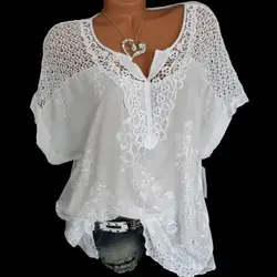 2019 летние женские блузы с коротким рукавом и топы свободный белый кружевной пэчворк рубашка плюс размер 4xl 5xl Женские топы повседневная