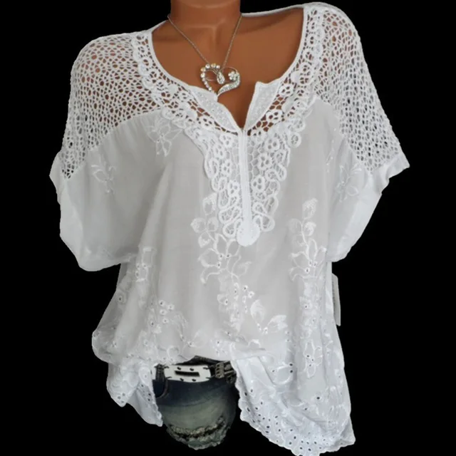 US $9.51 2019 Summer Short Sleeve Womens Blouses And Tops Loose White Lace Patchwork Shirt Plus Size 4xl 5xl