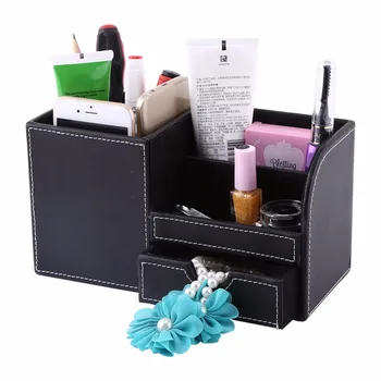 

New Wooden Leather Box Multifunction Desk Stationery Organizer Storage Box Pen Pencil Holder Case