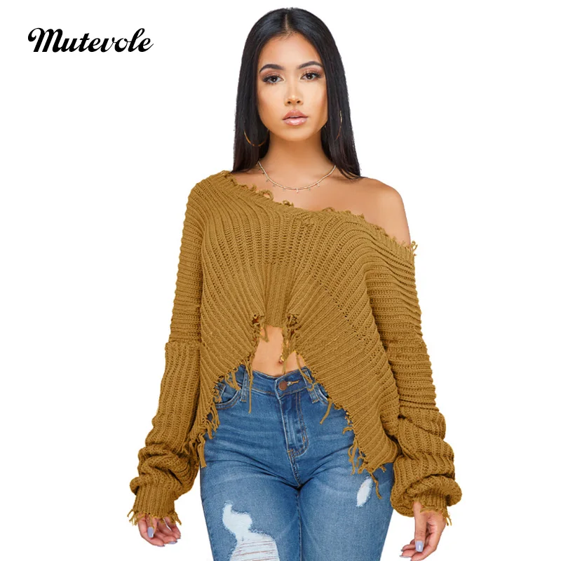 

Mutevole V Neck Sweater Crop Top Women Winter Warm Knitted Sweater Pullover Female Casual Solid Color Long Sleeve Basic Sweater