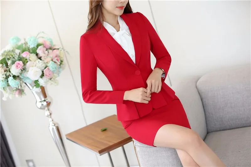 New Arrival Autumn Winter Elegant Red Slim Fashion Formal OL Styles Professional Business Suits With Jackets And Skirt