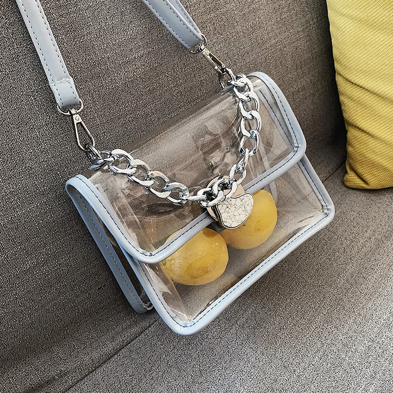 

Clear Pvc Tranaparent Bags for Women Designer Wide Chains Handbags Jelly Bag Small Flap Women's Shoulder Bags Lady Summer Purses