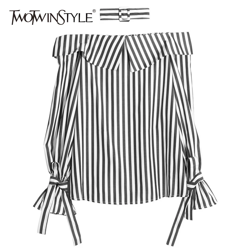  TWOTWINSTYLE Striped Shirt Female Lace Up Flare Sleeve Blouse Women Slash Neck Off Shoulder Sexy To