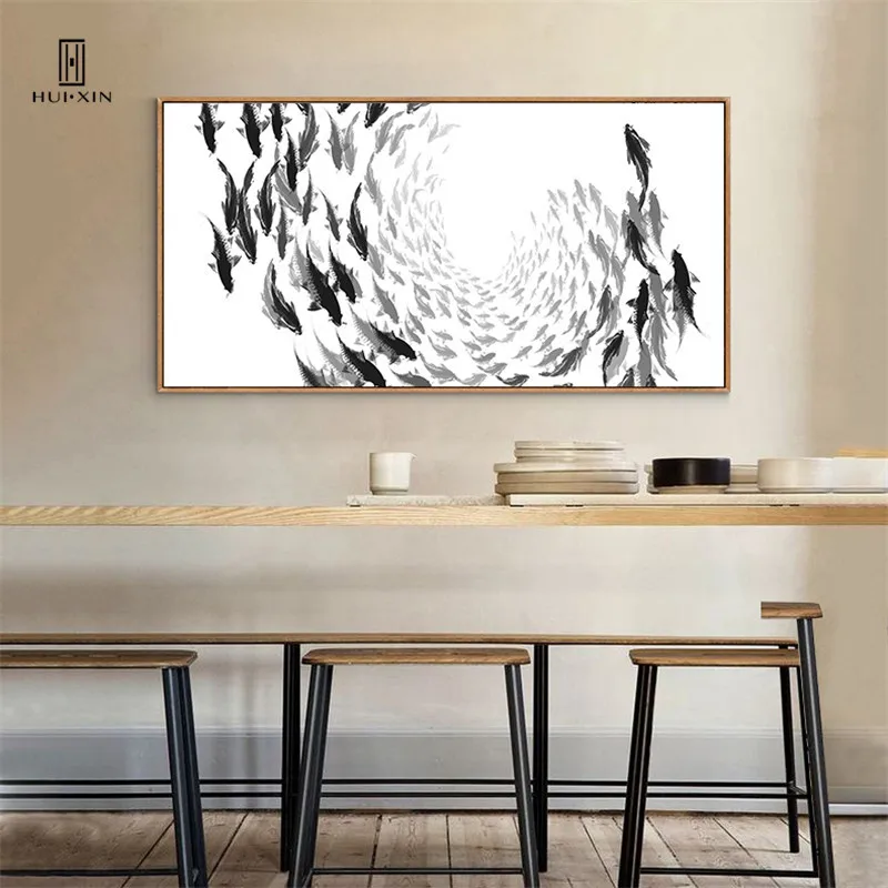 HD Painting with Chinese Waterink Style Fish in Incomplete Circle Expressing Ancient Eastern Wisdom Modern Minimalism for Decor