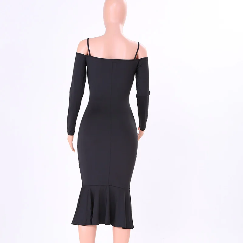 Kostlich Spaghetti Strap Long Sleeve Ruffles Mermaid Party Dresses Slash neck Bodycon Sexy Women Midi Dress 6 Colors Clothing (26)